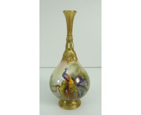 ROYAL WORCESTER PORCELAIN NARROW NECKED VASE having a moulded neck and moulded foot, the body decorated with a proud peacock 