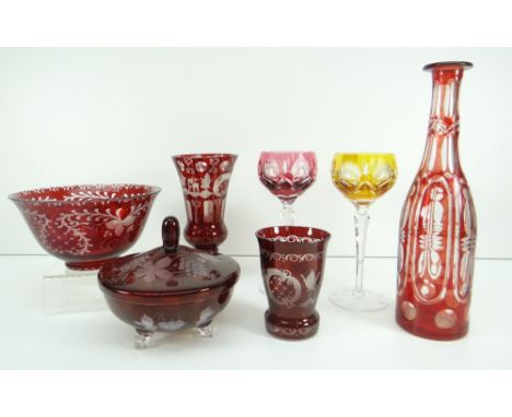 PARCEL OF BOHEMIAN DECORATIVE GLASS comprising footed ruby flash bowl and cover, similar footed bowl, beaker vase, trumpet va