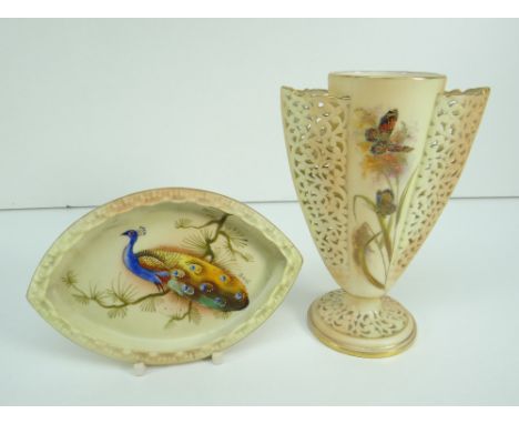 GRAINGER ROYAL CHINA WORKS WORCESTER VASE &amp; A LOCKE &amp; CO PORCELAIN DISH, the vase with twin pierced pockets, decorate