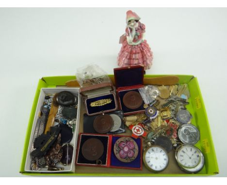 SHOEBOX LID CONTAINING COLLECTABLES including Royal Doulton figurines 'Masie' HN1619, enamel and other society pin badges, re