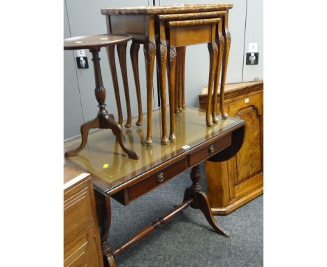 REPRODUCTION TWO-DRAWER DROP FLAP SOFA TABLE IN REGENCY-STYLE together with tripod wine table and a nest of three reproductio