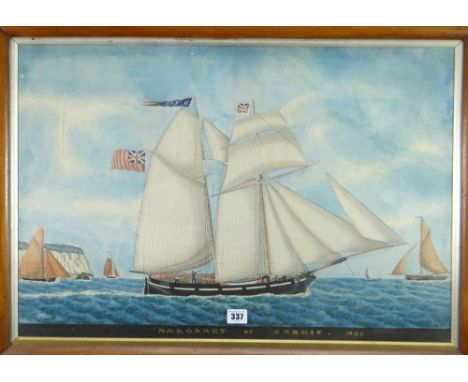 19TH CENTURY WELSH MARITIME SCHOOL watercolour - portrait of a two mast sailing ship off Penarth Head, entitled ' Margaret of