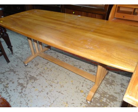 LARGE ERCOL ELM TOP DINING TABLE with tri-column end supports and stretcher, Ercol label, 198cms long