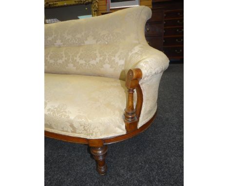 FINE QUALITY 19TH CENTURY INLAID WALNUT &amp; MIXED WOOD SOFA having a scroll back and on carved and turned supports, in flor