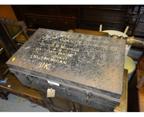 VINTAGE PAINTED METAL CABIN TRUNK with painted military captain's address details to the lid