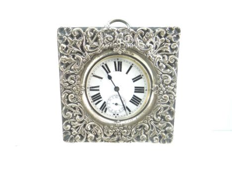 GOLIATH POCKET WATCH IN SILVER FRAMED CASE the watch in chrome encasement and having white enamel dial bearing Roman numerals