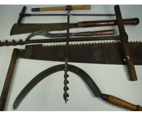 PARCEL OF VINTAGE TOOLS including twin-handled saw, three long wooden handled screws ETC Provenance:PLEASE SEE FULL PROVENANC