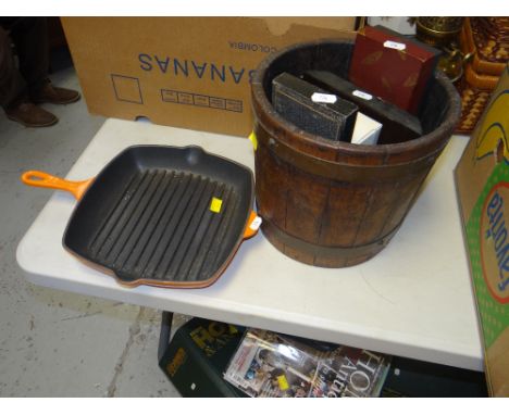 PARCEL OF MIXED ITEMS including Le Creuset griddle pan, vintage barrel type planter, barometer ETC