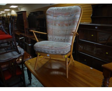 ERCOL LIGHT-WOOD MID-CENTURY ARMCHAIR with cushion seat and back