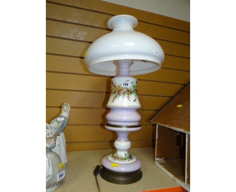 PAINTED ANTIQUE MILK GLASS OIL LAMP AND SHADE