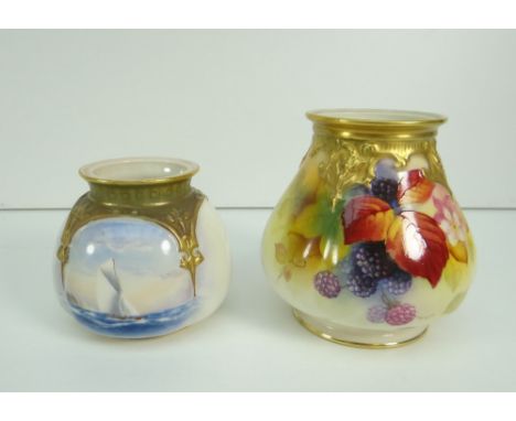ROYAL WORCESTER PORCELAIN POT POURRI BASE, fruit decorated by Kitty Blake, signed (no cover), 10.5cms high, together with a s