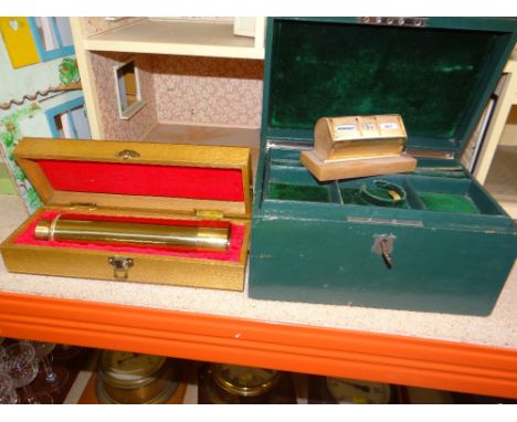 GREEN LEATHER JEWELLERY BOX, vintage desk calendar and a brass cased telescope 