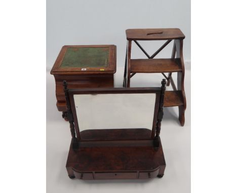 19TH CENTURY TOILET MIRROR, AN ANTIQUE COMMODE &amp; LIBRARY STEPS