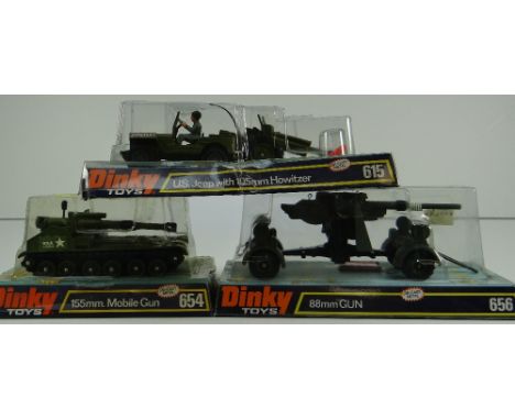 THREE DINKY TOYS MILITARY MODELS comprising US Jeep with 105mm Howitzer number 615, 155mm Mobile GUN number 654 and 88mm Gun 