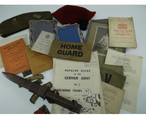 PARCEL OF MILITARY ITEMS ETC including army-green fabric Home Guard arm-bands, dagger with scabbard, ephemera and a vintage F