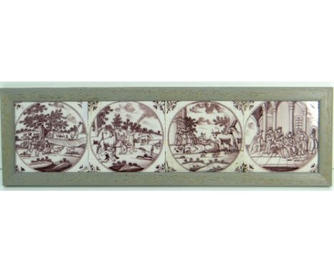 SET OF FOUR BELIEVED DUTCH DELFT MANGANESE TILES believed 18th Century and depicting naive circular panels of medieval pastor