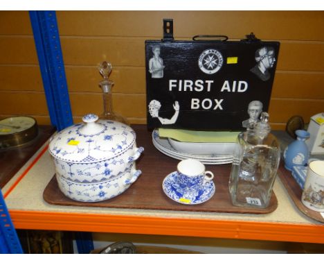 FIRST AID BOX &amp; OTHER ITEMS including antique glass brandy decanter, another decanter, Masons part-dinner set ETC