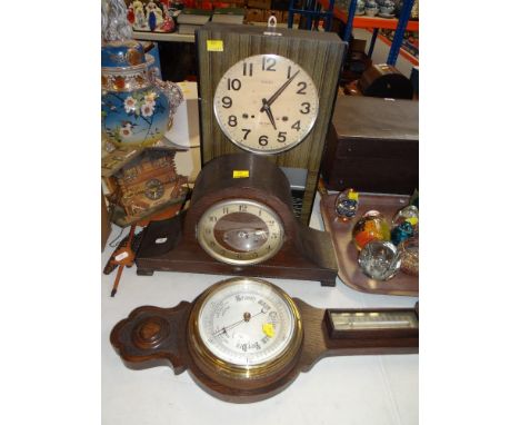 CARVED BANJO BAROMETER &amp; THREE VINTAGE CLOCKS