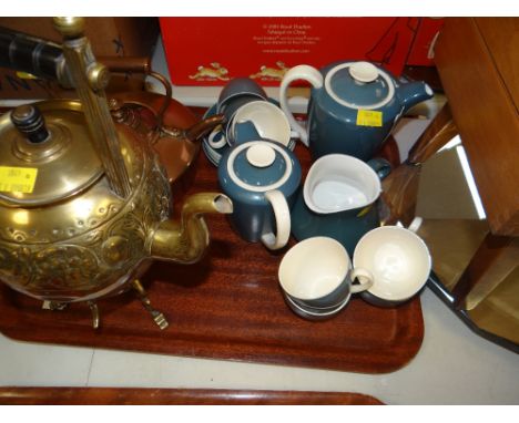 POOLE POTTERY BLUE GROUND COFFEE SET together with brass-bird decorated kettle on stand and a copper kettle