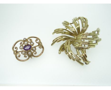 TWO 9CT YELLOW GOLD BROOCHES comprising antique style seed pearl and amethyst set brooch / pendant 4.2gms and a later abstrac