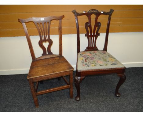 19TH CENTURY CHIPPENDALE STYLE FARMHOUSE CHAIR &amp; A CHIPPENDALE STYLE MAHOGANY CHAIR with drop in floral tapestry seat and