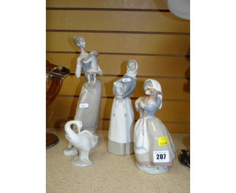 THREE LLADRO FIGURINES, together with a Nao similar