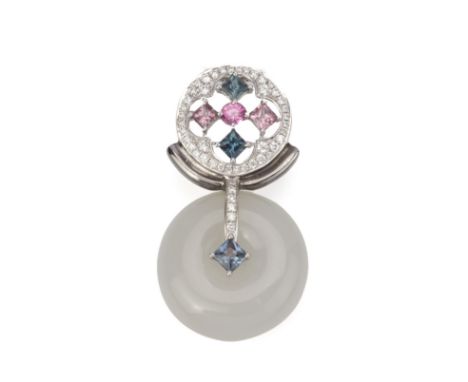 A WHITE JADE, MULTI GEM AND DIAMOND PENDANT
Featuring a white nephrite jade disc measuring approximately 20.3 x 20.3 x 8.1 mm