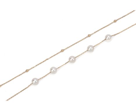 AN AKOYA CULTURED PEARL GOLD DOUBLE STRAND BRACELET
Featuring five cultured Akoya pearls measuring approximately 4.5-5.0mm, m