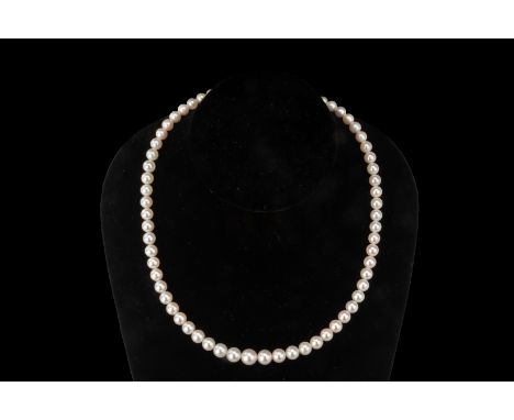 AN AKOYA CULTURED PEARL SINGLE STRAND NECKLACE
The Akoya cultured pearls measuring 6.5 to 8.5mm, with a floral silver clasp m