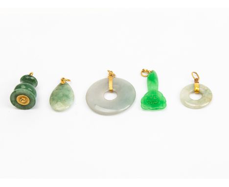 A GROUP OF FIVE ITEMS OF JADE JEWELLERY
Four mounted on an unmarked yellow metal bail, and the 'chess' pendant, mounted with 