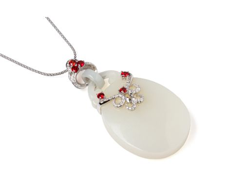 A WHITE JADE, SAPPHIRE AND DIAMOND PENDANT WITH CHAIN
The white nephrite jade of dimensions 48.28 x 31.71 x 11.15mm, weighing