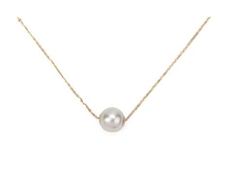 AN AKOYA CULTURED PEARL YELLOW GOLD NECKLACE
Featuring a cultured Akoya pearl measuring approximately 8.3mm, mounted on a yel
