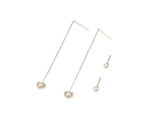 TWO PAIRS OF CULTURED PEARL GOLD EARRINGS
Featuring two pairs of cultured pearl earrings including a heart shaped sample mark
