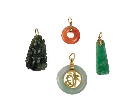 A GROUP OF FOUR PENDANTS
Comprising: an agate pendant mounted in unmarked gold; a jade pendant mounted in unmarked gold; a ja