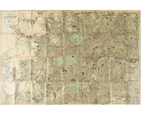 London.- Bacon (George W.) Bacon's New Map of London divided into half mile squares and circles, lithograph with some hand-co