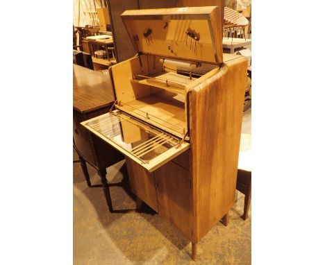 Walnut cocktail cabinet with fitted mirror interior single drawer and cupboard 65 x 40 x 116 H cm