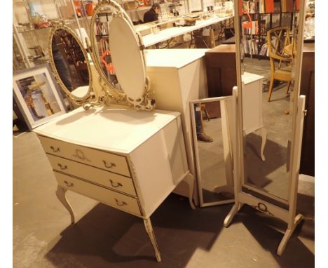 White and cream bedroom furniture including drawers dressing table cheval mirror and mirror 