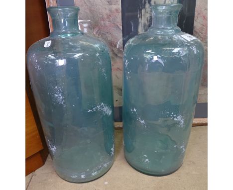 2 Vintage aqua glass bottles, 16.5" 