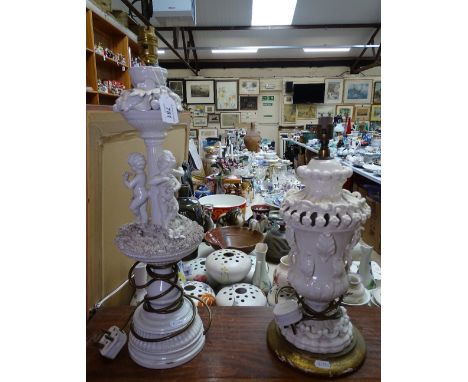 A porcelain lamp supported by 3 figures, 22.75" overall, and another 