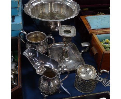 Cased teaspoons, a chamber stick, a fruit bowl, a cream jug etc 