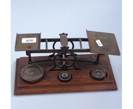 Antique brass postal scale and weights, 11" 