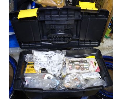 3 toolboxes containing hinges, fixings, hand tools, and another, a tool belt etc 