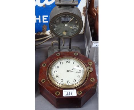 A brass inlaid mahogany octagonal-dial wall clock, with later sprung movement, and another mantel clock (2) 