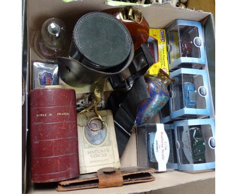 An oil lamp, cased beakers, a viewer etc 