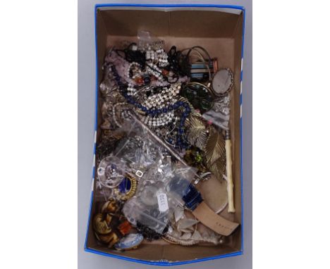 A box containing silver and other costume jewellery, a pocket watch, a silver pickle fork etc 