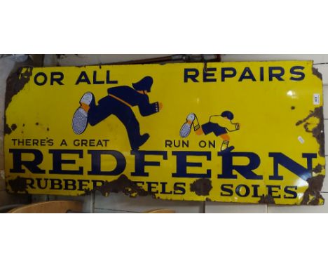 A Vintage enamel advertising sign for Redfern Rubber Heels and Soles, length 48" 