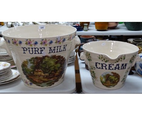 A reproduction ceramic milk pail, height 10.75", and a cream pail 