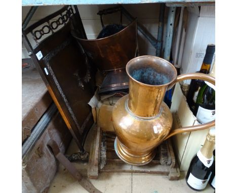 A firescreen, a copper coal scuttle and jug, a boot scraper and hessian sacks 
