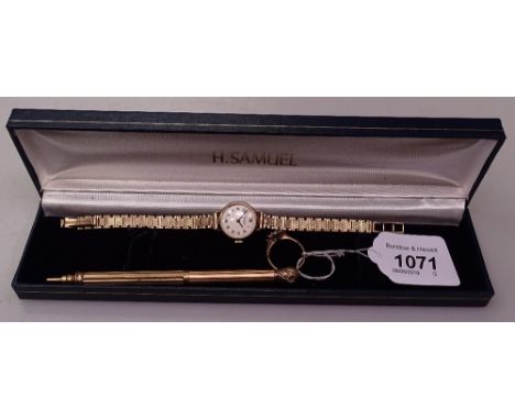 A lady's Bentina 9ct gold cased wristwatch, with 9ct gold articulated strap, 16g gross, a 9ct gold and stone set ring, and a 