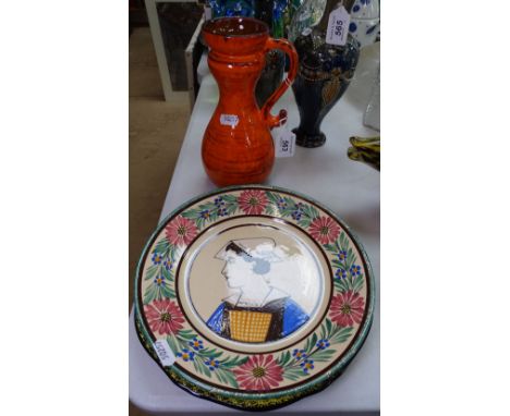2 Quimper portrait plates, 9.5", and a West German vase 